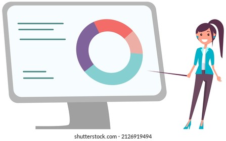 Woman looking at statistics diagram. Businesswoman analysing report with statistical indicators. Girl examines results of analysis. Personal investment, finance, funding, capital accumulation concept