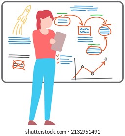 Woman looking at statistics diagram. Businesswoman analysing report with statistical indicators. Girl examines results of analysis. Personal investment, finance, funding, capital accumulation concept