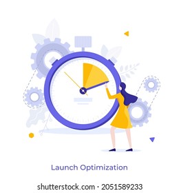 Woman looking at stopwatch and counting seconds. Concept of marketing project launch optimization, perfect timing, time management for business. Modern flat vector illustration for banner, poster.