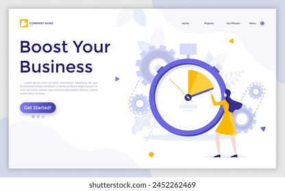 Woman looking at stopwatch and counting seconds. Concept of marketing project launch optimization, perfect timing, time management for business. Modern flat vector illustration for landing page