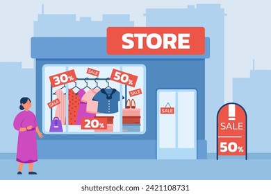 Woman looking at store window with clothes with sale tags. Vector illustration. People buying less luxury and branded clothes. Fashion, sale, shopping, decrease of consumer purchasing power concept svg