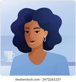 A woman looking straight forward like in a profile picture or online avatar profile illustration. Could also be on an online call or in an internet video conference virtual meeting. 