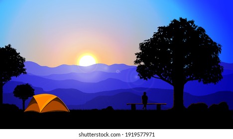 A woman looking the sunrise with camping in beautiful nature. Freedom, Alone camping woman.