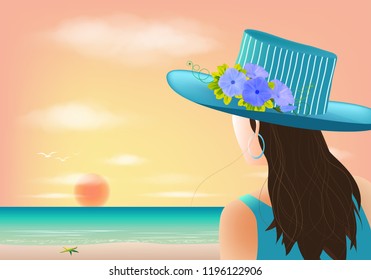 Woman looking sunset on the beach, vector illustration eps10