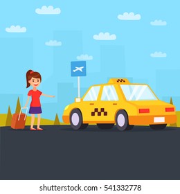 Woman looking for a taxi in city. Summer time