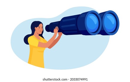 Woman looking through big binoculars far ahead, looking for something. Girl is watching someone closely. Young lady is traveling with field glasses. Vector illustration
