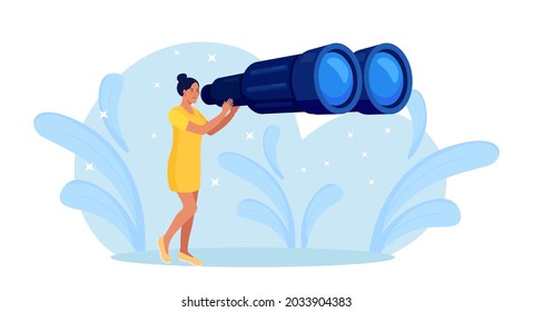 Woman Looking Through Big Binoculars Far Ahead, Looking For Something. Girl Is Watching Someone Closely. Young Lady Is Traveling With Field Glasses. Vector Illustration