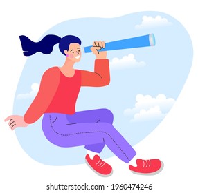 Woman looking through binoculars. Business metaphore for search or research. flat vector illustration concept of digital data on computer. Searching for employee for business team.