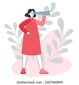 Woman looking through binoculars, finding a job. Flat vector illustration isolated on white background