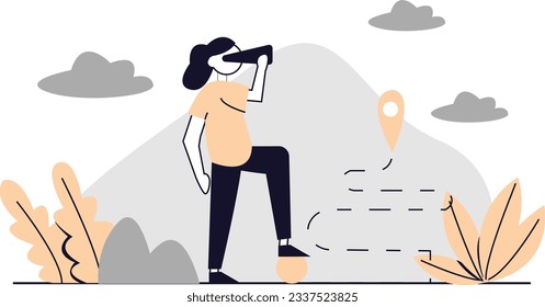 Woman looking through binoculars at mountain. Vector illustration in flat style