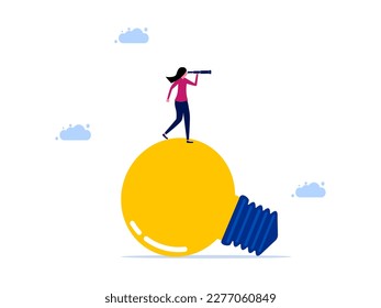 woman looking through binoculars on a big light bulb. brainstorming and looking to the future vector
