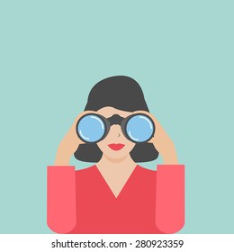 Woman looking through binoculars, vector illustration