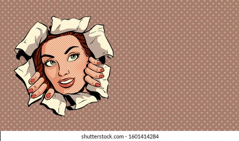 Woman is looking through a hole in torn paper wall. Pop art cartoon vector illustration