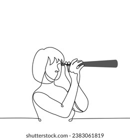 woman looking through long binoculars - one line art vector. vintage optical gadget concept, binoculars