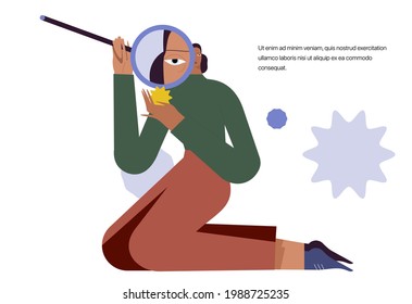 Woman looking through magnifying glass or loupe. Business metaphore for search or research, development, web surfing. Trendy outline characters for web or ui design. 