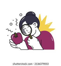 Woman looking through a magnifying glass pepper. Fast-food or healthy food icons. Choosing the Right Nutrition.  Refusal of sweet and junk food. Flat style in vector illustration. Isolated element.