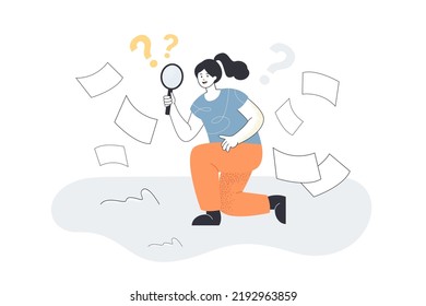 Woman looking through magnifying glass at flying paper documents. Question marks over girl flat vector illustration. Search for information concept for banner, website design or landing web page