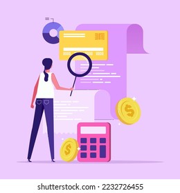 Woman looking through magnifying glass at bill, check or invoice. Concept of accounting and auditing service for business, budget planning, revenue calculation, flat vector illustration