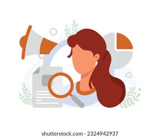 Woman looking through magnifying glass at document. Announcement of instructions at work. Time management efficiency concept. Productive lady doing different tasks. Vector flat illustration