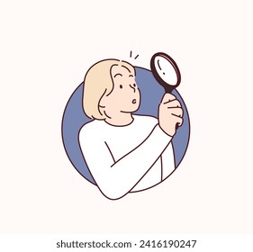 woman looking through magnifying glass, searching or investigating something. Hand drawn style vector design illustrations.