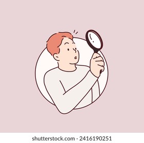 woman looking through magnifying glass, searching or investigating something. Hand drawn style vector design illustrations.