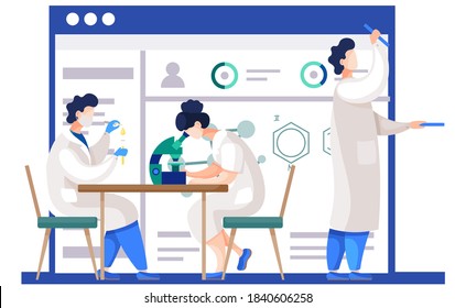 Woman is looking through a microscope eyepiece. Guy drips from pipette into a test tube. Scientific chemical research results on the poster on background. Man with tube holders in his hands
