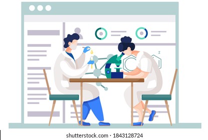 Woman is looking through a microscope eyepiece. Guy drips from pipette into a test tube. Scientific chemical research results. Model of chemical compounds and statistics on the poster on background