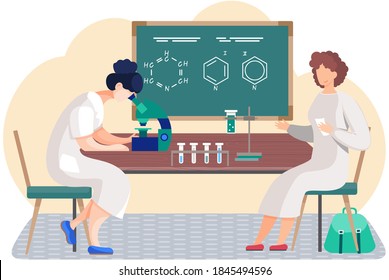 Woman looking through a microscope eyepiece. Female character is sitting with cards in her hands. Chemistry class in the school. A girl is conducting a research or experiment. Laboratory work