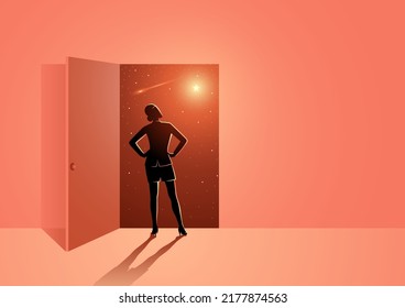 Una mujer mirando a través de la puerta abierta para ver la vastedad del espacio exterior, la imaginación, a lo desconocido, abrir el conocimiento, la ilustración vectorial