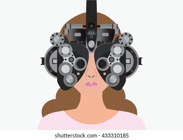 Woman Looking Through Phoropter During Eye Exam Isolated On White Background, Equipment Of Test Eye For Ophthalmologist, Health Care Vector Illustration.