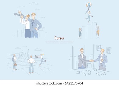 Woman looking through spyglass, man floating on balloons, people walking different paths, businessmen striking deal banner
