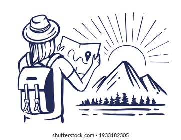 Woman looking at tourist map. Sketch nature with mountains. Illustration for prints on t-shirts bags, posters, cards