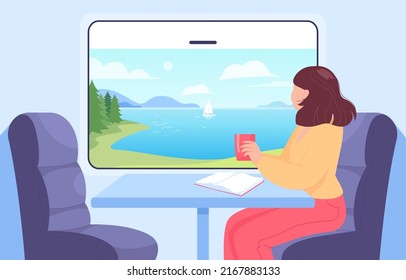 Woman looking from train window. Female character drinking tea, reading and enjoying ocean sights in summer. Transport, travelling, vacation concept for website or landing page