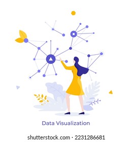 Woman looking at tree diagram or scheme with connected elements. Concept of business data visualization, information representation, system or network. Modern flat vector illustration for banner.