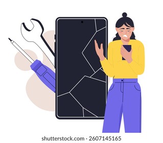 Woman looking upset at broken phone, large tools and cracked screen in background, flat graphic style, white backdrop, concept of mobile repair service. Vector illustration