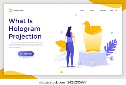 Woman looking at virtual or holographic image of duck. Concept of hologram projection or visualization, holography, innovative technology. Modern flat colorful vector illustration for poster, banner.