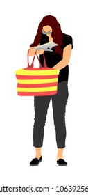 Woman Looking For A Wallet, Keys On The Bag, Vector Illustration. Stressful Situation On Street, Loss Of Money. Tourist Lady Lost Passport. Problems At The Border. No Payment Card Searching In Bag.