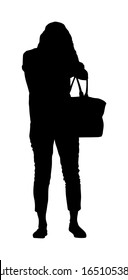 Woman looking for a wallet, keys on the bag, vector silhouette. Stressful situation on street, loss of money. Tourist lady lost passport. Problems at the border. No payment card PIN searching in bag.