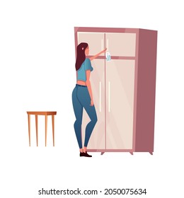 Woman looking at wardrobe in furniture store flat vector illustration