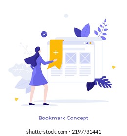 Woman looking at webpage in browser windows with bookmark. Concept of website organization, online management of favorite Internet pages. Modern colorful flat vector illustration for poster, banner.