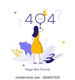 Woman looking at website message through magnifying glass and question marks. Concept of error 404, page not found, online service notification. Modern flat colorful vector illustration for banner.