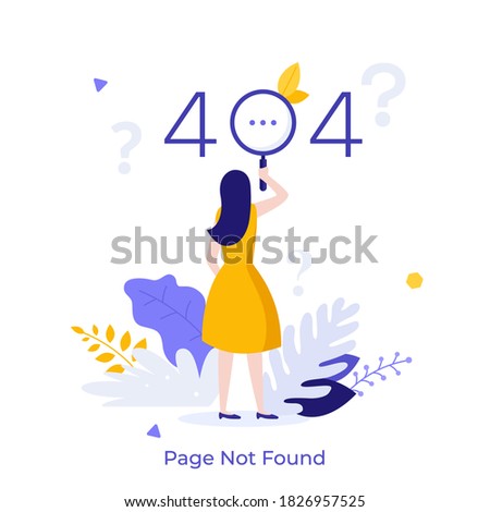 Woman looking at website message through magnifying glass and question marks. Concept of error 404, page not found, online service notification. Modern flat colorful vector illustration for banner.