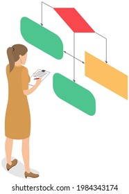 Woman looking at whiteboard with schemes vector, programmer examining charts and info on board. Female character is considering color block diagram with information, analyzes data, research project
