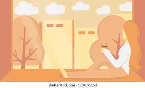 Woman looking at the window early in the morning. Sitting at the windowsill in cozy atmosphere at home with cup of coffee. Relaxing time, mental health improving. Flat vector illustration. City view.