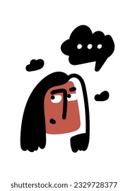 The woman looks away dreamily. The character makes a decision, thinks about the matter. Text clouds. Vector illustration in cartoon flat style. Abstract minimalist portrait. Thoughtful girl.