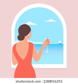A woman looks at the beautiful sea and sky. A lady with a wine glass enjoys the summer landscape. Seascape through the window.Vector illustration
