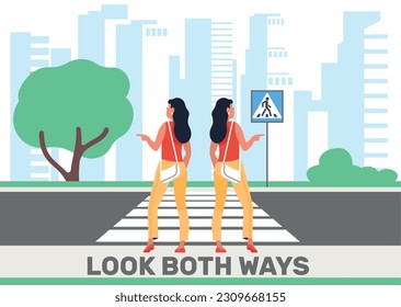 Woman looks both ways before crossing road. Safety pedestrian walking across automobile highway. Urban landscape. Traffic safe rule. Zebra cross. Auto transportation