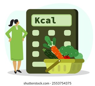 Woman looks at calculator to calculate the number of calories of vegetables in shopping cart. Healthy food for diet concept. Organic groceries eco, organic grocery store. Flat vector illustration. 

