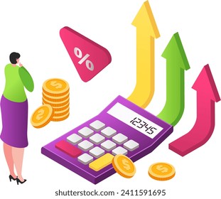 Woman looks at calculator with rising arrows and coins. Financial growth concept with calculator and profit increase. Savings, investment, and economy vector illustration.