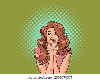 The woman looks at the camera in surprise, covering her mouth with her hands. Shock from a profitable offer for customers. The girl is slightly frightened. Comic cartoon pop art retro vector